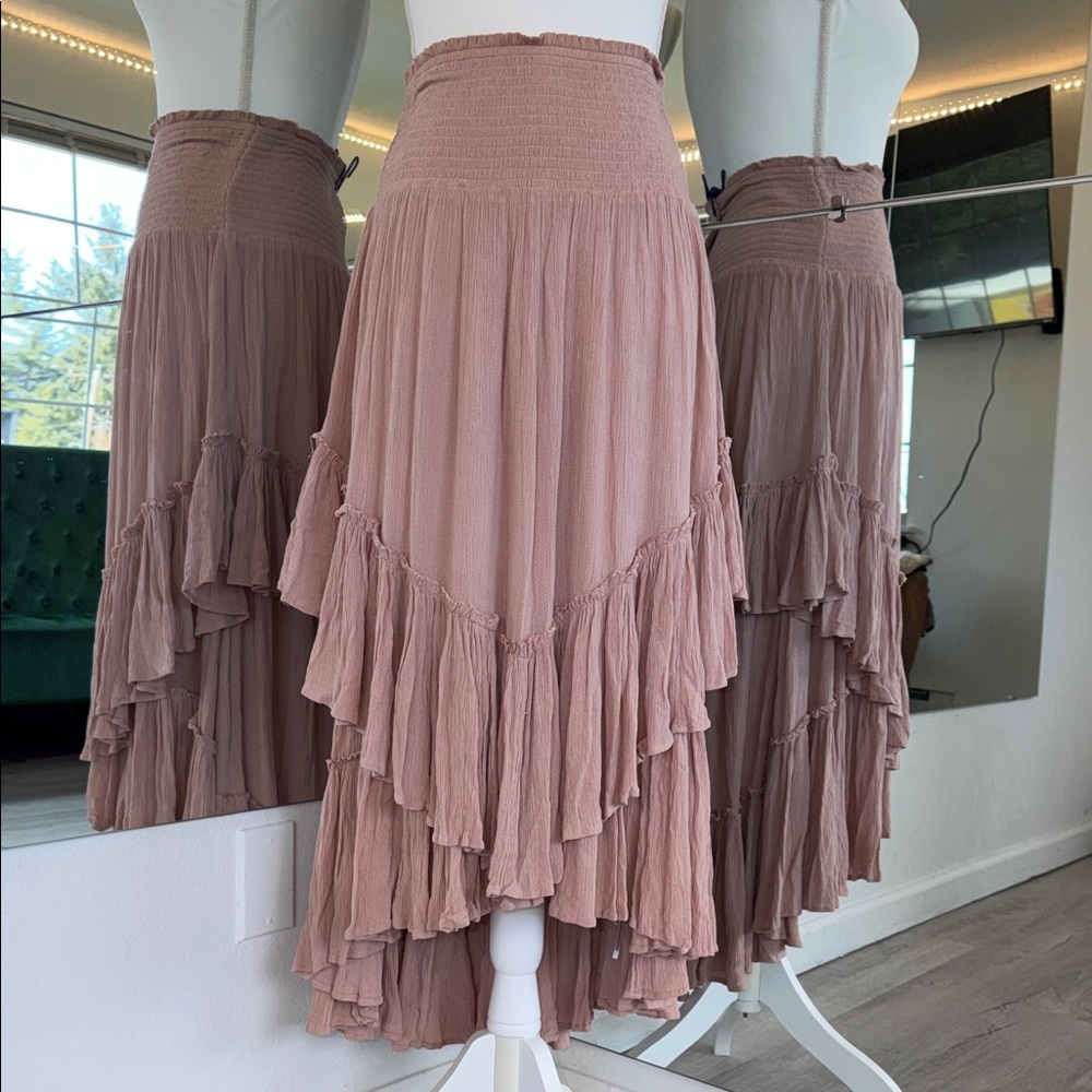 Free People Dusty Rose High-Low Tiered Ruffle Maxi Skirt